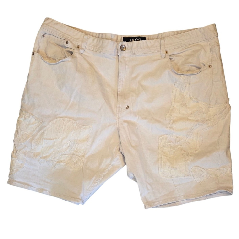 AKOO Mens White Denim Shorts‎ Size 44 Tonal Patchwork Applique Streetwear Urban